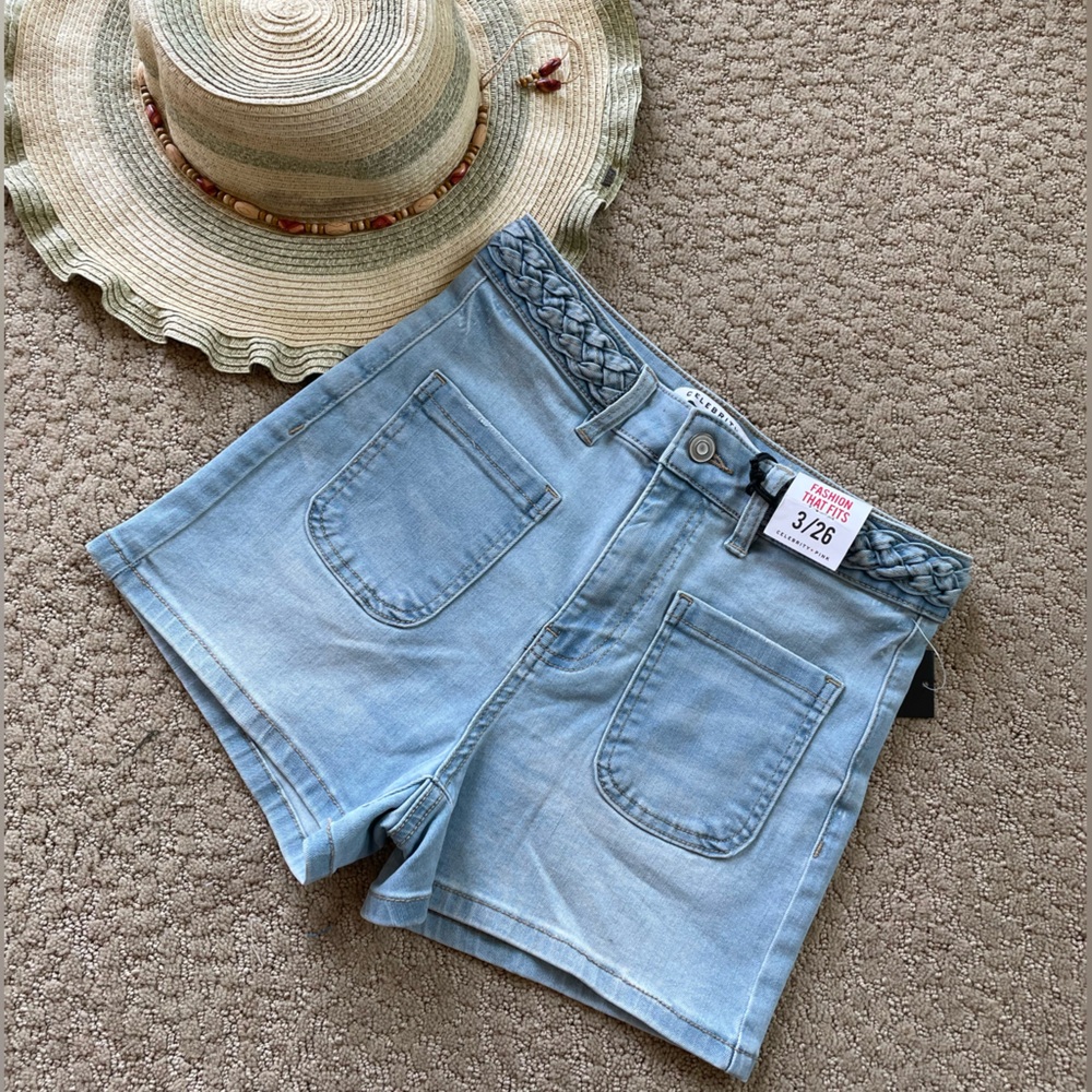 Utility patch pocket high rise jean shorts